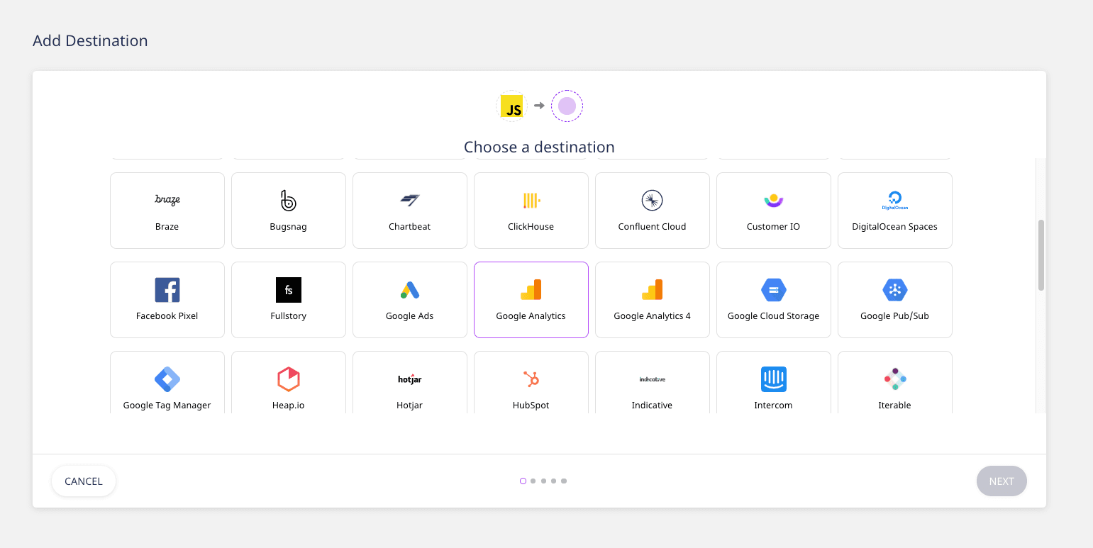screenshot of add destination screen with Google Analytics highlighted