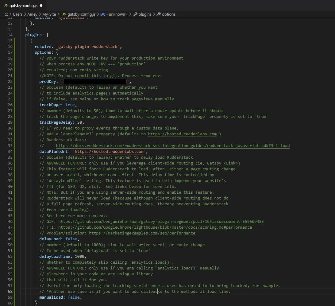 screenshot of gatsby config