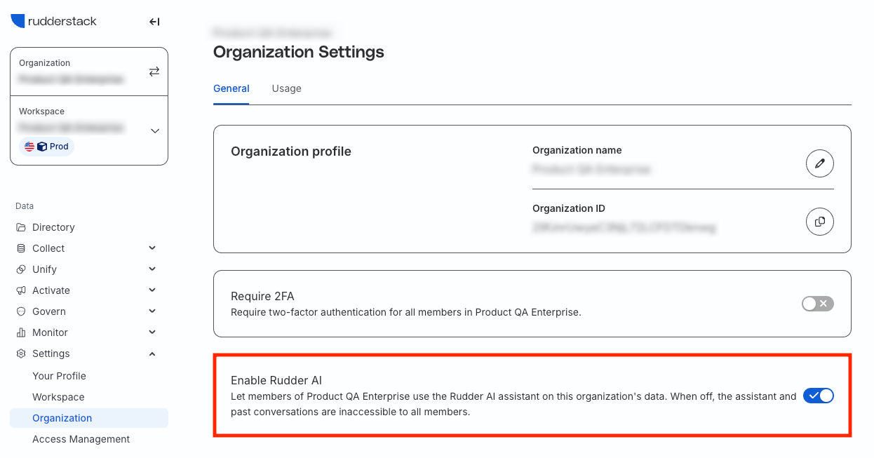 RudderAI toggle in Organization settings