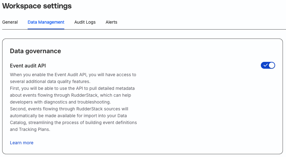 Event Audit API setting in RudderStack dashboard