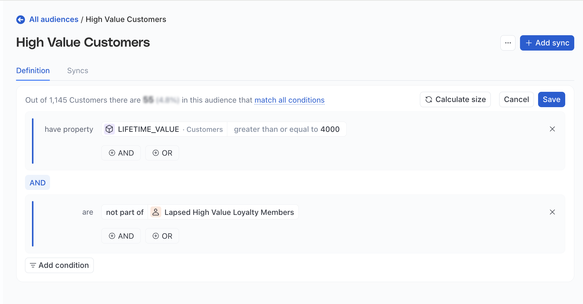 Sample audience named **High Value Customers** that are not a part of the loyalty program