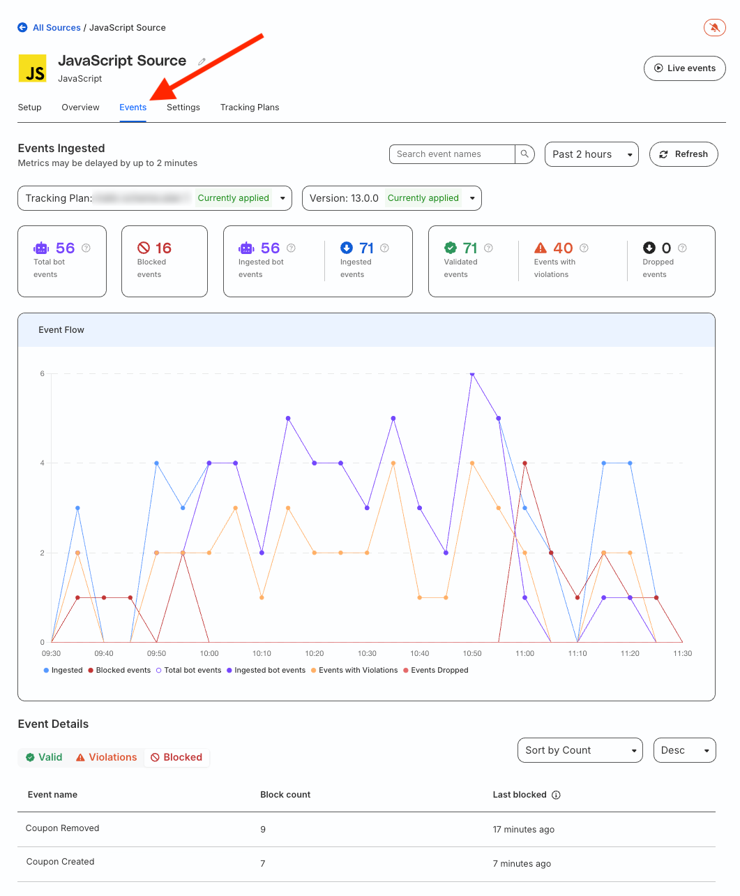 Events tab for sources in RudderStack dashboard