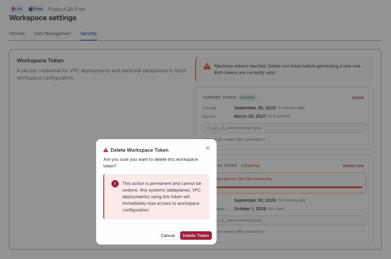 Delete workspace token