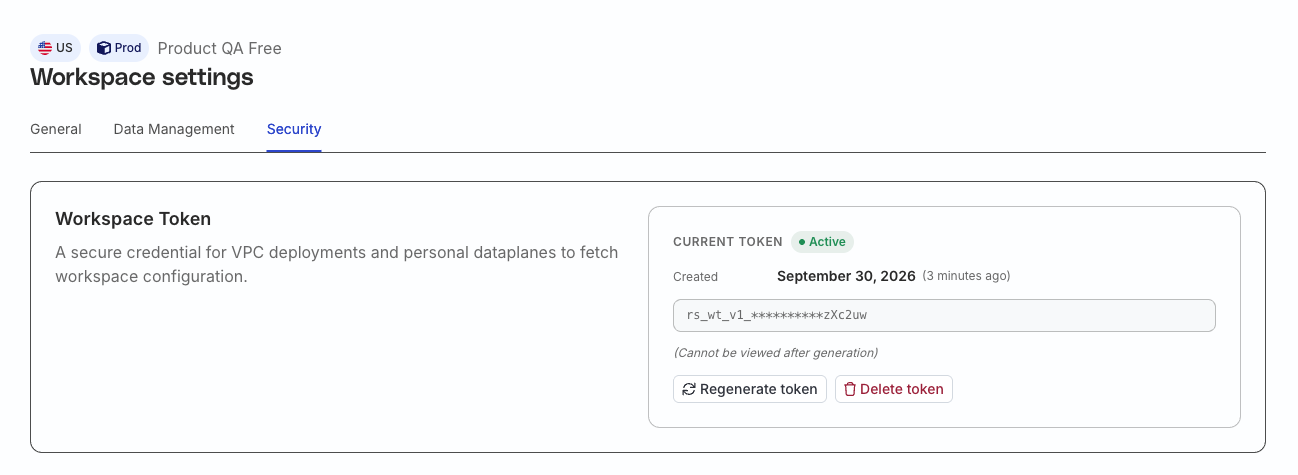 Workspace token after generation