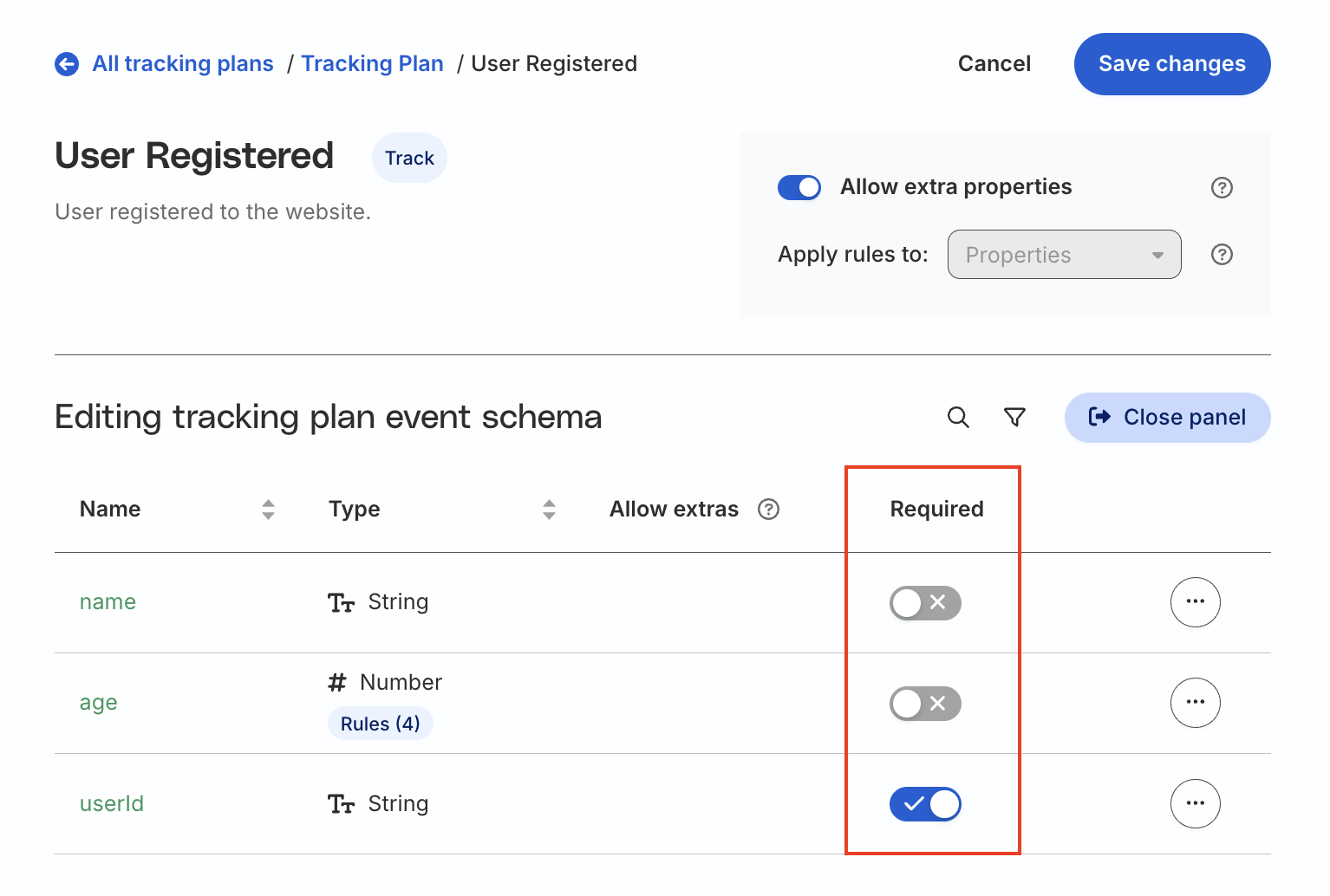 Add properties rules for the new event