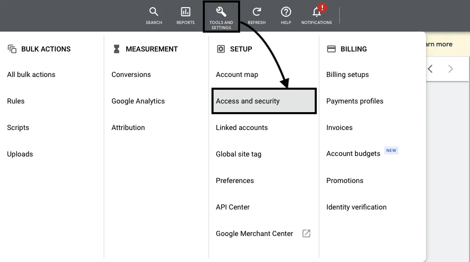 Access and Security option in Google Ads dashboard