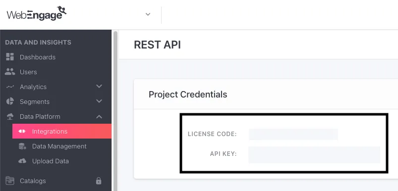 WebEngage license code and API key