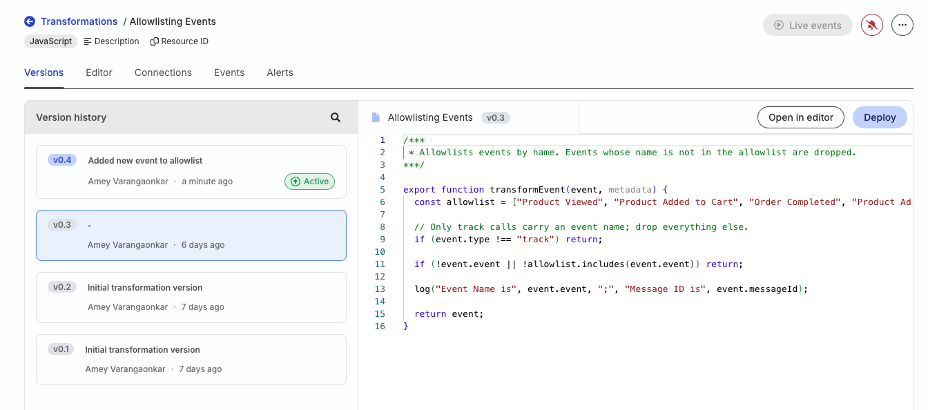 Deploy button for an older transformation version