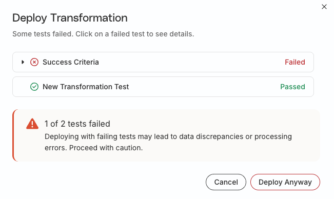 Deploy transformation modal when some tests fail