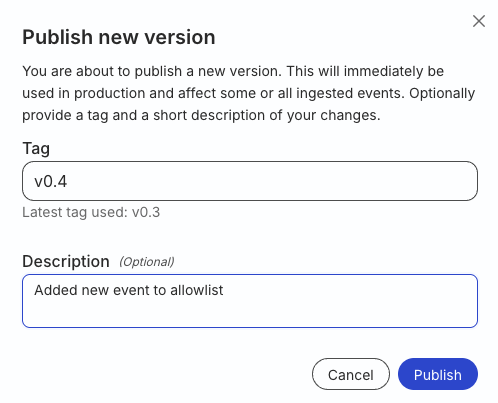 Publish new transformation version modal