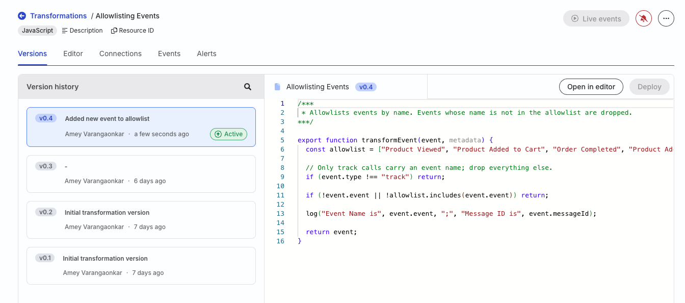 Transformation version history with Active version