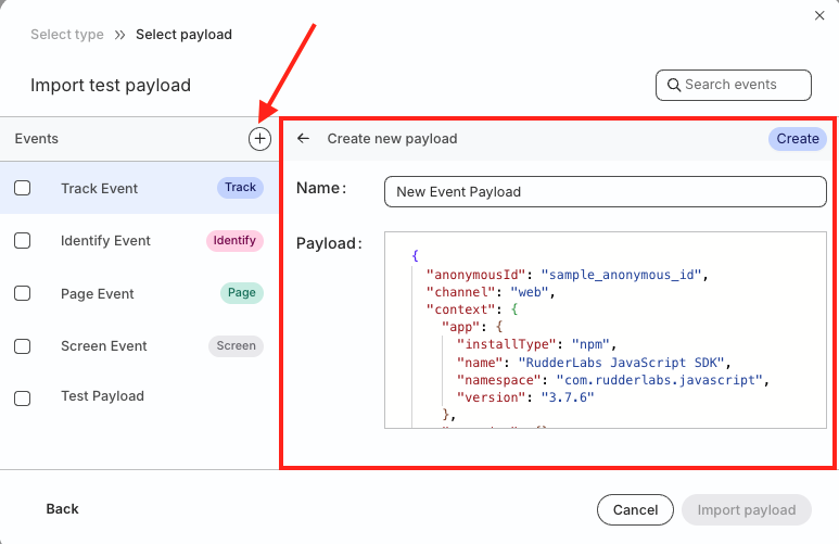 Create new test event payload