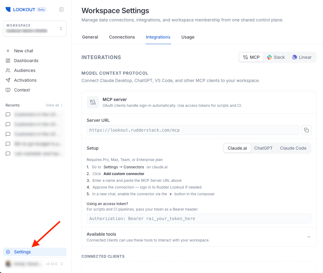 Lookout workspace settings