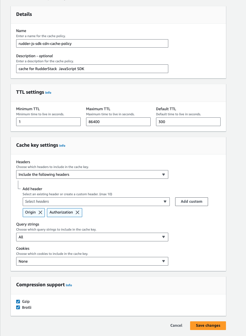 Custom domains cache policy settings