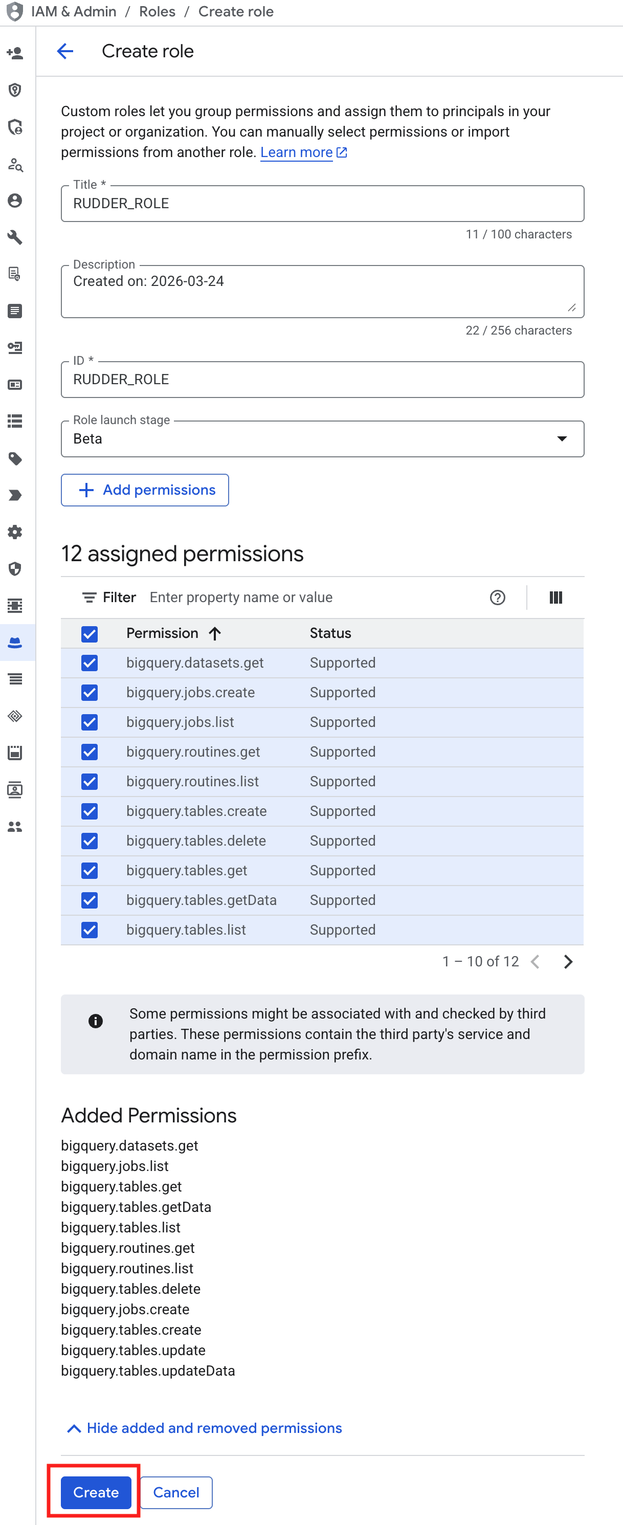 BigQuery role permissions