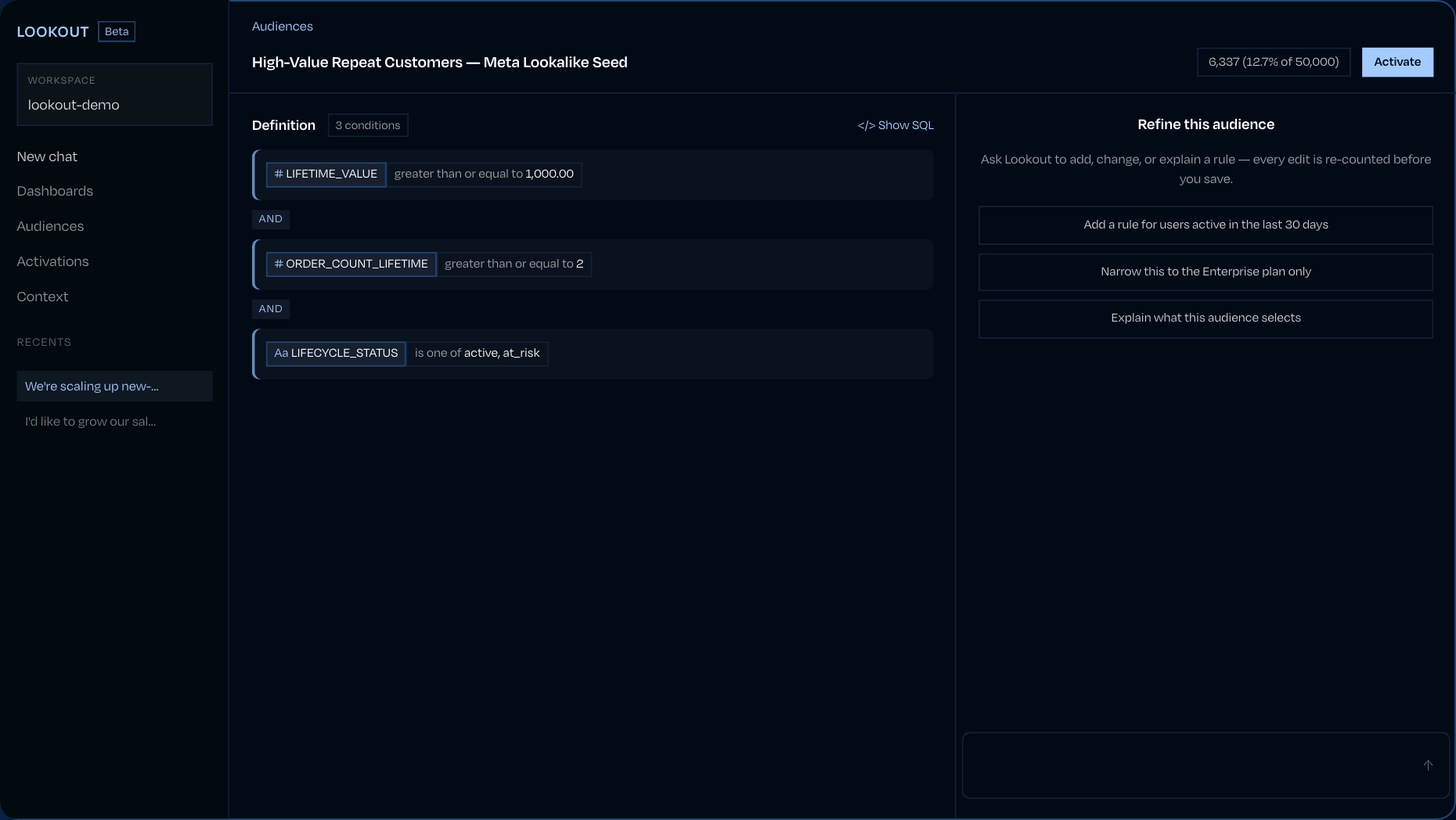 An audience definition in Lookout with conditions and live size
